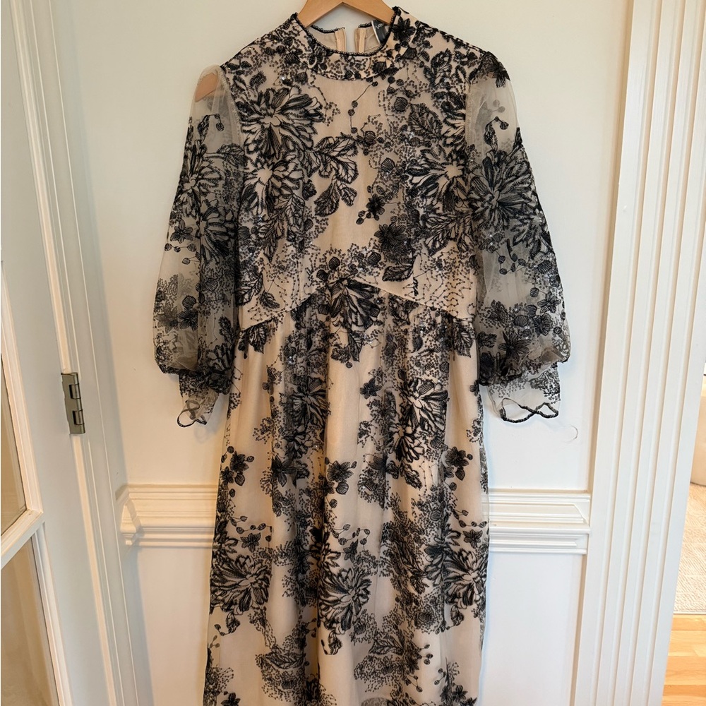 Vicky and Lucas Black Floral Sheer Overlay Midi Dress in Neutral NWT large - Picture 3 of 6